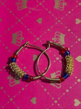Gold Hoop Earrings with Red and Blue Beads - Women Jewelry